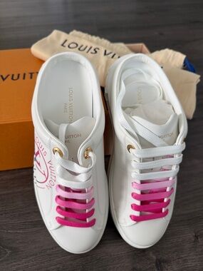 Louis Vuitton White Leather Sneakers with Pink Gradient Laces
